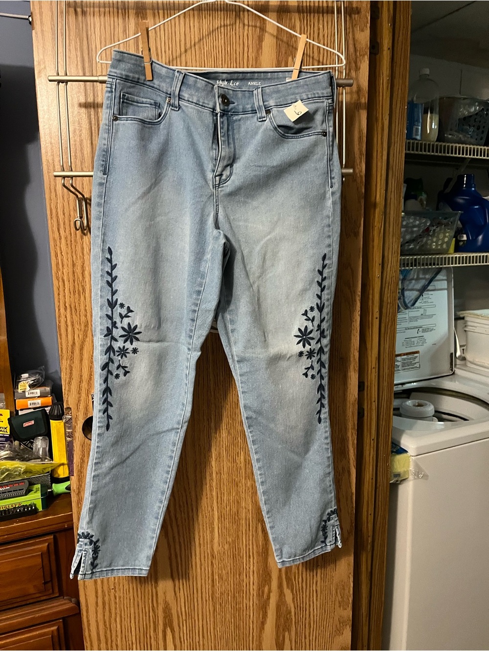 Style & Co. Light Blue Cropped Jeans with Navy Floral Side Embroidery